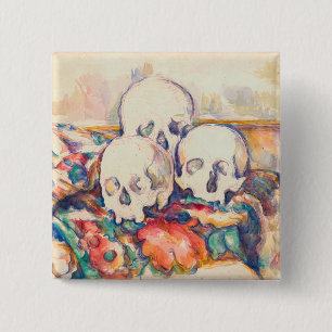 Badge Carré 5 Cm Paul Cezanne - Les Trois Crânes Aquarelle