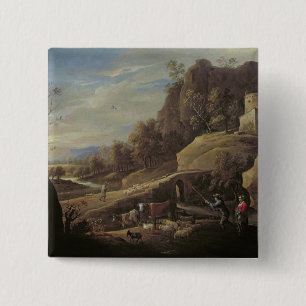 Badge Carré 5 Cm Paysage avec des agriculteurs tendant leurs