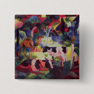 Badge Carré 5 Cm Paysage avec des vaches et un chameau