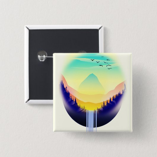 Badge Carré 5 Cm Paysage de cascade (Devant & derrière)