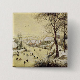 Badge Carré 5 Cm Paysage d'hiver avec des patineurs