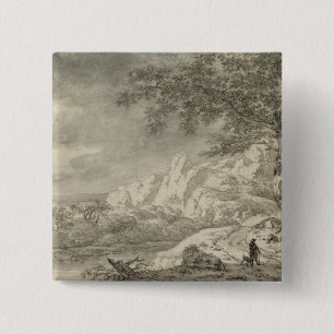 Badge Carré 5 Cm Paysage montagneux avec un randonneur