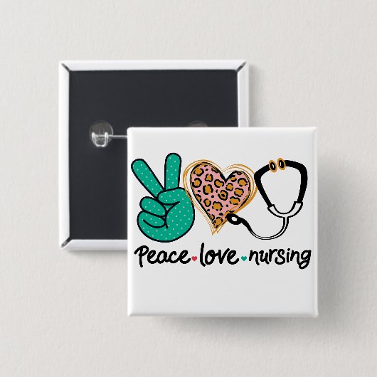 Badge Carré 5 Cm Peace Love Nuring (Devant & derrière)