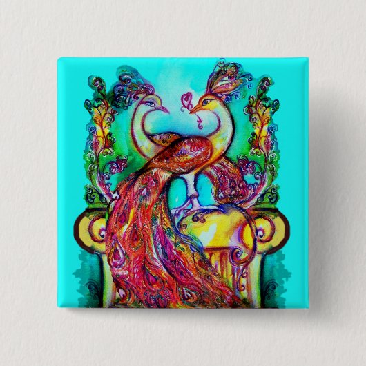 Badge Carré 5 Cm PEACOCKS IN LOVE MONOGRAM rouge bleu turquase vert (Devant)