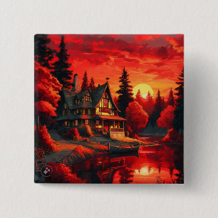 Badge Carré 5 Cm Peinture coucher de soleil avec chalet et lac-6663