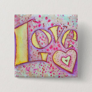 Badge Carré 5 Cm Peinture de mots d'art d'amour rose doux Bouton ou