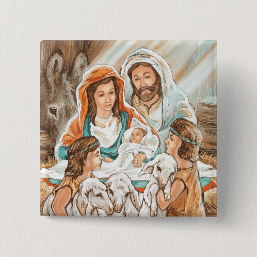 Badge Carré 5 Cm Peinture de nativité avec de petits garçons de (Devant)