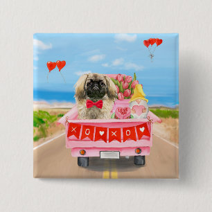 Badge Carré 5 Cm Pekingese Chien Saint Valentin Coeurs de Camion