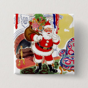 Badge Carré 5 Cm père Noël au foyer apportant des jouets