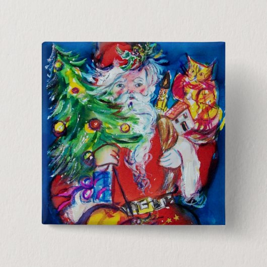 BADGE CARRÉ 5 CM PÈRE NOËL AVEC ARBRE DE NOËL ET CADEAUX (Devant)