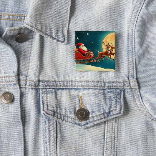 Badge Carré 5 Cm Père Noël en traîneau (En situation)