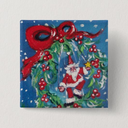 BADGE CARRÉ 5 CM PÈRE NOËL ET NOËL COURONNE DE NUIT AVEC RIBBON ROU (Devant)