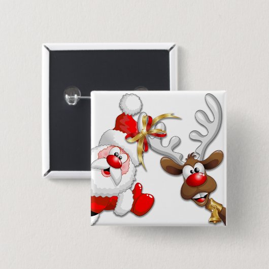 Badge Carré 5 Cm Père Noël et Reindeer Joyeux Noël Joyeux dessin an (Devant & derrière)
