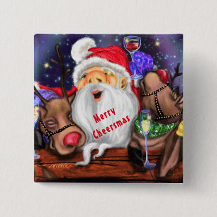 Badge Carré 5 Cm Père Noël et rennes Bouton de Noël drôle
