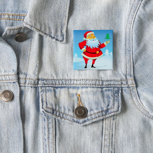 Badge Carré 5 Cm Père Noël Whimsical avec Mini Arbre de Noël
