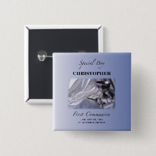 Badge Carré 5 Cm Personnaliser, Garçon, bleu première communion