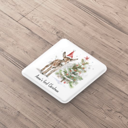 Badge Carré 5 Cm petit âne mignon et arbre de noël, personnalisable