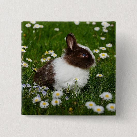 Badge Carré 5 Cm Petit lapin Brown et blanc en fleurs (Devant)
