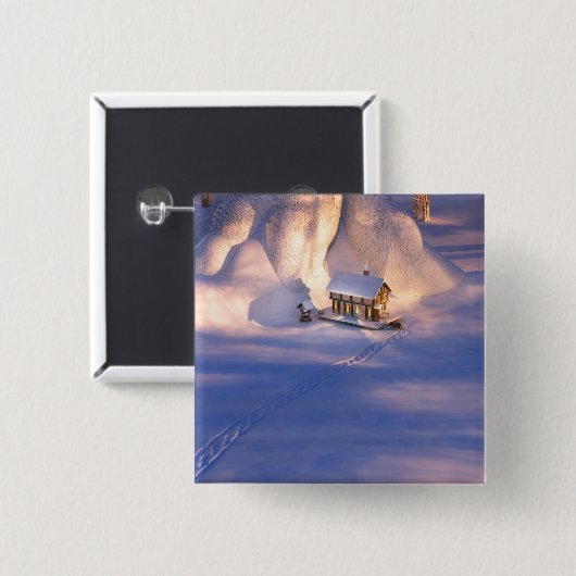 Badge Carré 5 Cm Petite maison dans le bouton Neige (Devant & derrière)