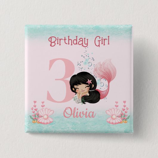 Badge Carré 5 Cm Petite Sirène Anniversaire rose (Devant)