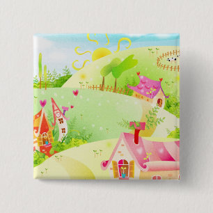 Badge Carré 5 Cm petites maisons roses