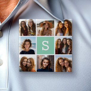 Badge Carré 5 Cm Photo Collage personnalisé Monogramme Mention vert