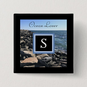 Badge Carré 5 Cm Photo de Sea Waves et Rocks Cadre initial Noir