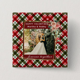 Badge Carré 5 Cm Photo moderne Red & Green Plaid Happy Valentines
