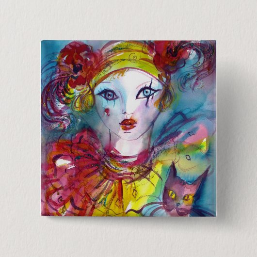 Badge Carré 5 Cm PIERROT AVEC CHAT / Mascarade vénitienne Mascarade (Devant)