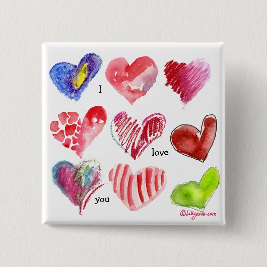 Badge Carré 5 Cm Pin de 9 coeurs de Valentine (Devant)