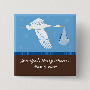 Badge Carré 5 Cm Pin de baby shower de cigogne - bleu/brun