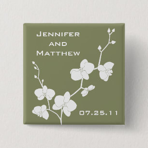 Badge Carré 5 Cm Pin Mariage d'orchidées - Olive Vintage et blanc