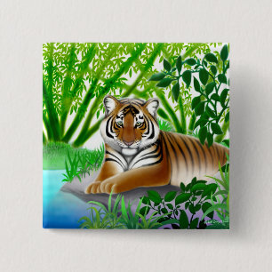 Badge Carré 5 Cm Pinceau de tigre de la Jungle