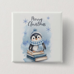 Badge Carré 5 Cm Pingouin de Noël aquarelle