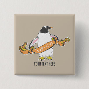 Badge Carré 5 Cm Pingouin Gentoo écriture japonaise Kanji