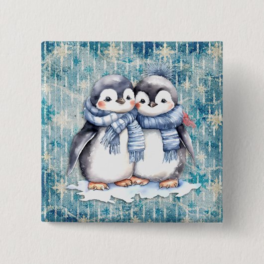 Badge Carré 5 Cm Pingouins D'Aquarelle Bleu D'Hiver Avec Écharpes (Devant)