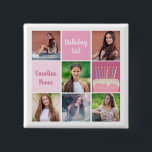 Badge Carré 5 Cm Pink Photo Collage Custom Femmes's Birthday Party<br><div class="desc">Bouton de fête d'anniversaire féminin sur mesure avec un collage de 6 modèles photo d'une jeune femme ou d'une adolescente avec son nom sur les mignons carrés roses à côté d'un beau gâteau d'anniversaire. Boutons d'anniversaire pour fille personnalisée.</div>