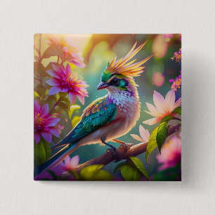 Badge Carré 5 Cm Pinson à tête verte à crête dorée oiseau de fantai