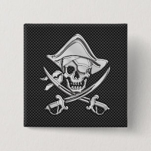 Badge Carré 5 Cm Pirate d'argent sur le socle noir en fibre de carb