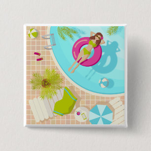 Badge Carré 5 Cm Piscine fille en bikini plage d'été