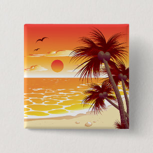 Badge Carré 5 Cm Plage de coucher de soleil tropical au palmier île