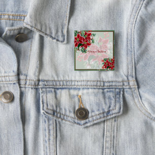 Badge Carré 5 Cm Poinsettias lumineux et houx Noël personnalisé