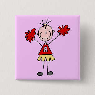 Badge Carré 5 Cm Pom-Pom Girl Bâton - Rouge et Or
