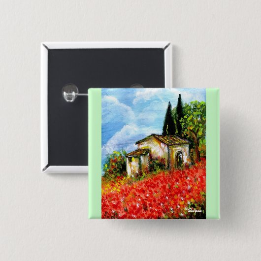 BADGE CARRÉ 5 CM POPIES EN TOSCANE (Devant & derrière)