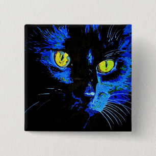 Badge Carré 5 Cm Portrait Artistique Chat Noir Avec Frappe Jaune E