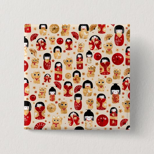 Badge Carré 5 Cm Poupées japonaises - Chats Kokeshi et Maneki Neko (Devant)