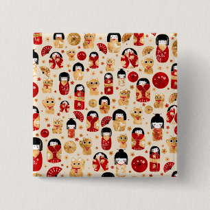 Badge Carré 5 Cm Poupées japonaises - Chats Kokeshi et Maneki Neko
