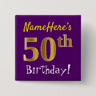 Badge Carré 5 Cm Pourpre, anniversaire d'or de Faux cinquantième,