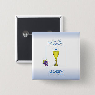 Badge Carré 5 Cm Première communion d'un garçon, calice avec hostie
