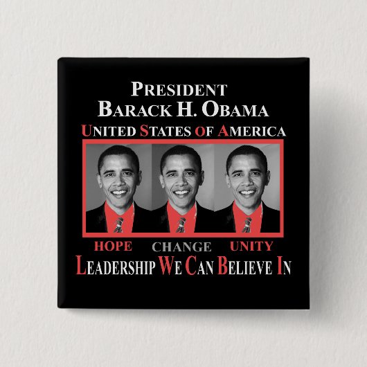 BADGE CARRÉ 5 CM PRÉSIDENT BARACK OBAMA - ROUGE (Devant)